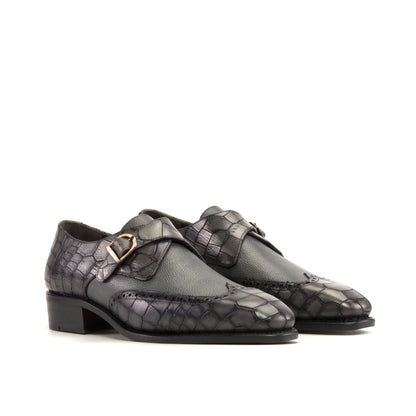 Single Monk Strap in Grey Painted Croco-Embossed Box Calf and Black Herringbone Fabric, front three-quarter view