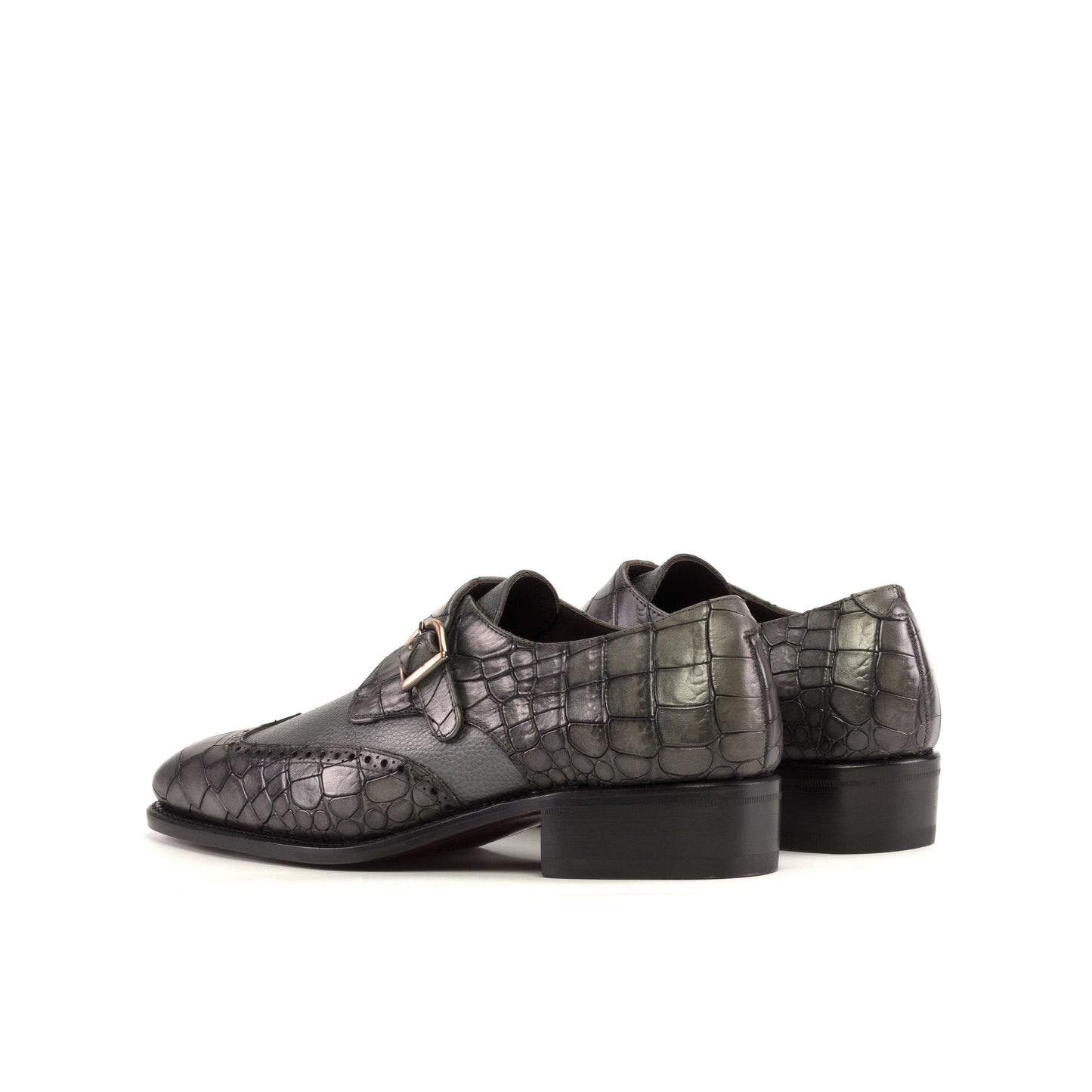Single Monk Strap in Grey Painted Croco-Embossed Box Calf and Black Herringbone Fabric, rear three-quarter view