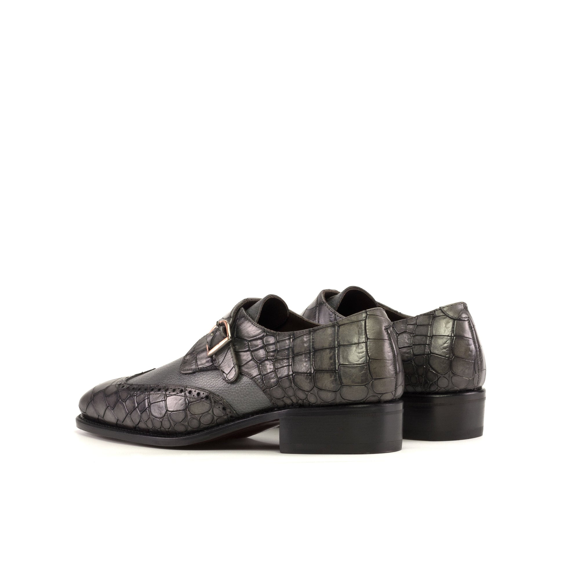 Single Monk Strap in Grey Painted Croco-Embossed Box Calf and Black Herringbone Fabric, rear three-quarter view
