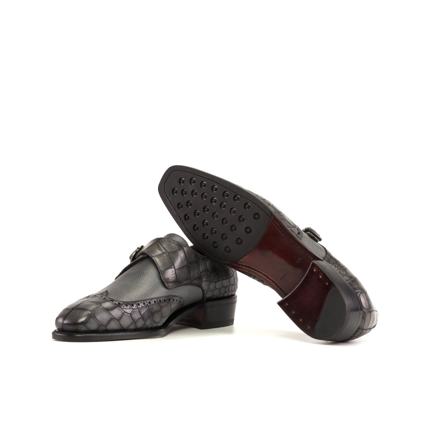 Single Monk Strap in Grey Painted Croco-Embossed Box Calf and Black Herringbone Fabric showing dark red leather sole with rubber dot injections