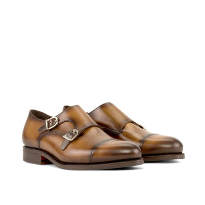 Double Monk Strap in Medium Brown Painted Box Calf, front three-quarter view
