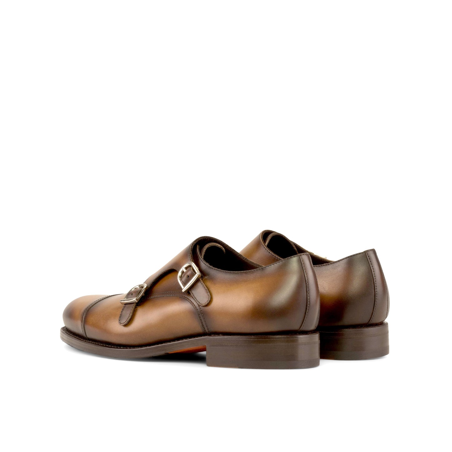 Double Monk Strap in Medium Brown Painted Box Calf, rear three-quarter view