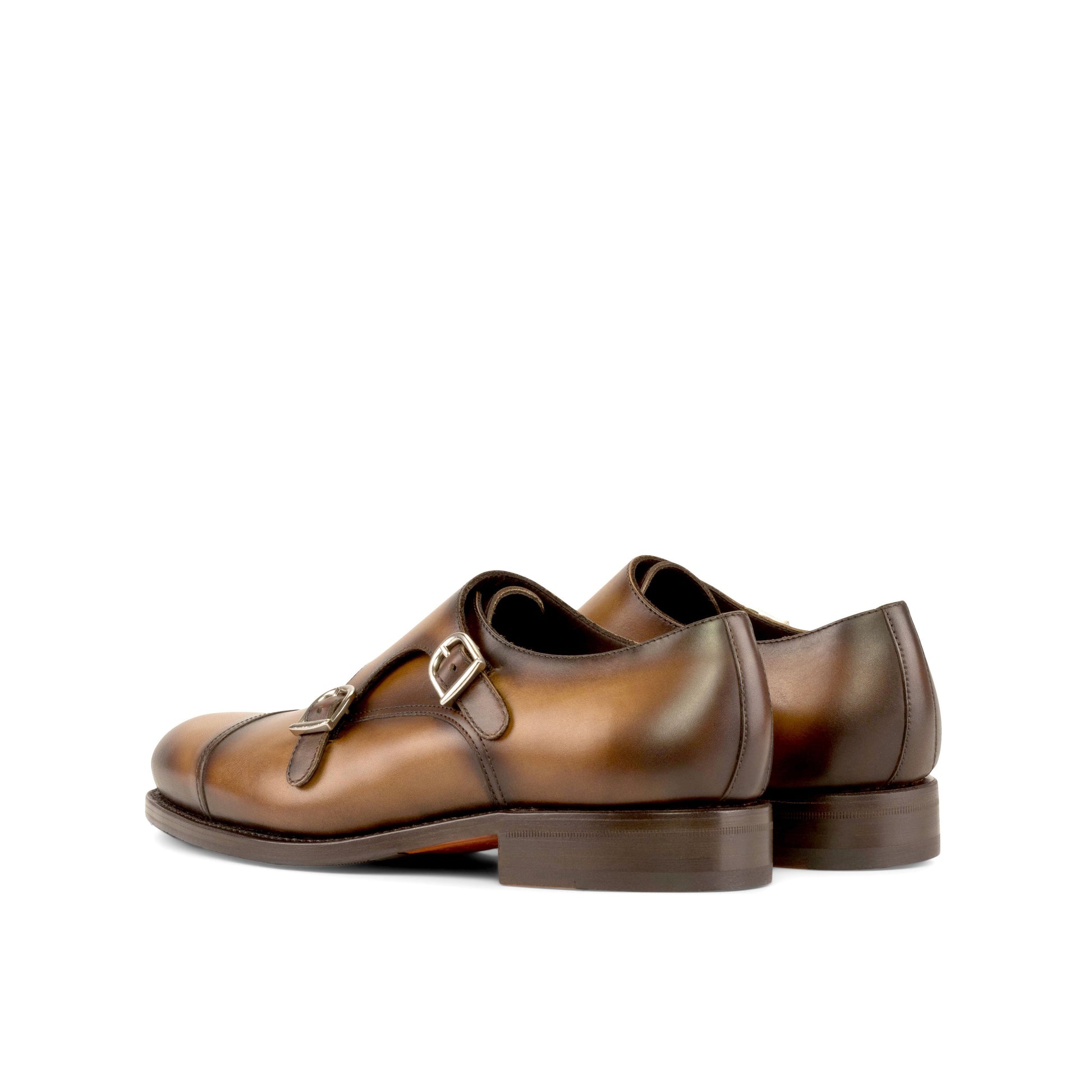 Double Monk Strap in Medium Brown Painted Box Calf, rear three-quarter view