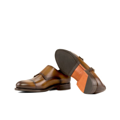 Double Monk Strap in Medium Brown Painted Box Calf showing orange leather and rubber combination sole
