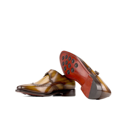 Single Monk Strap in Black Herringbone Fabric and Cognac Patina Box Calf showing red leather sole with rubber button injections