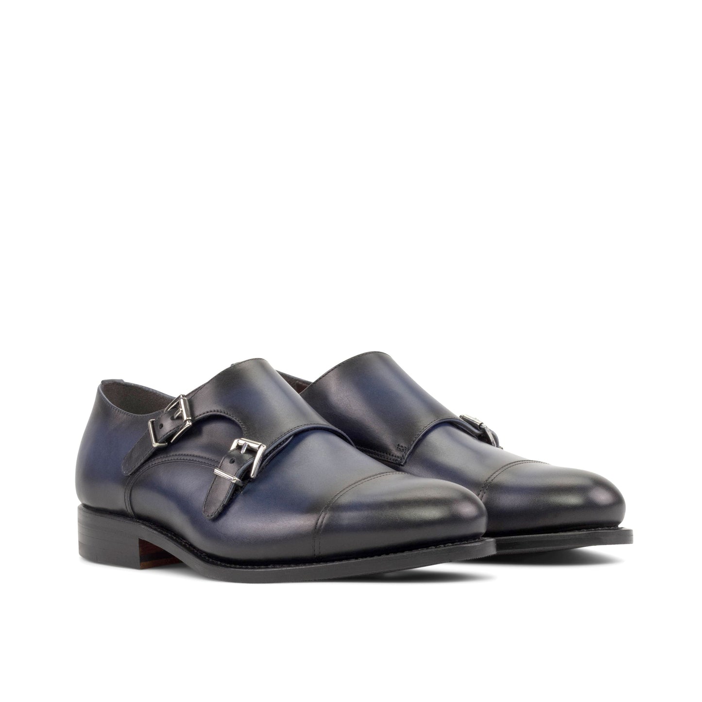 Double Monk Strap in Navy Painted Box Calf, front three-quarter view