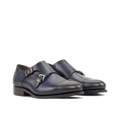 Double Monk Strap in Navy Painted Box Calf, front three-quarter view