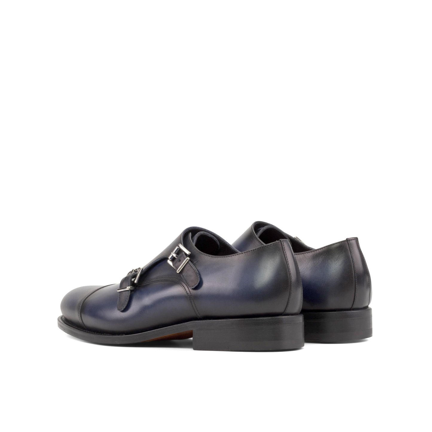 Double Monk Strap in Navy Painted Box Calf, rear three-quarter view