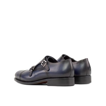 Double Monk Strap in Navy Painted Box Calf, rear three-quarter view