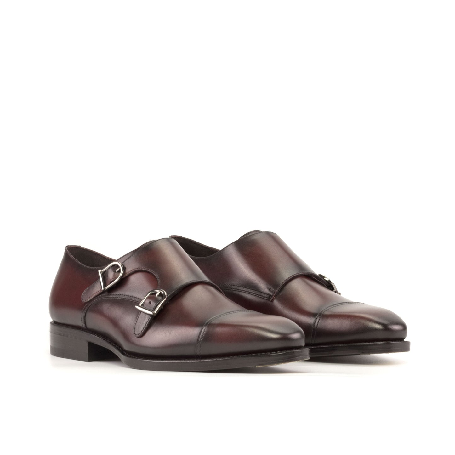 Double Monk Strap in Burnished Burgundy Box Calf, front three-quarter view