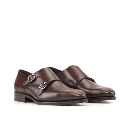 Double Monk Strap in Burnished Burgundy Box Calf, front three-quarter view