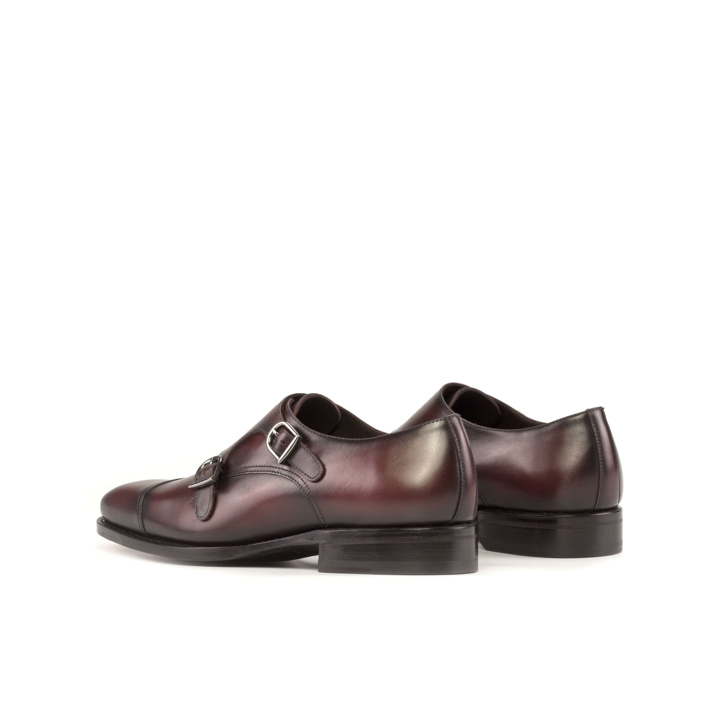 Double Monk Strap in Burnished Burgundy Box Calf, rear three-quarter view