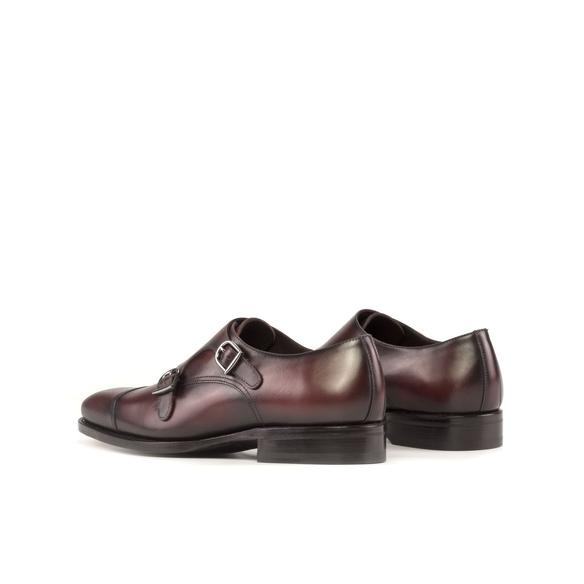 Double Monk Strap in Burnished Burgundy Box Calf, rear three-quarter view