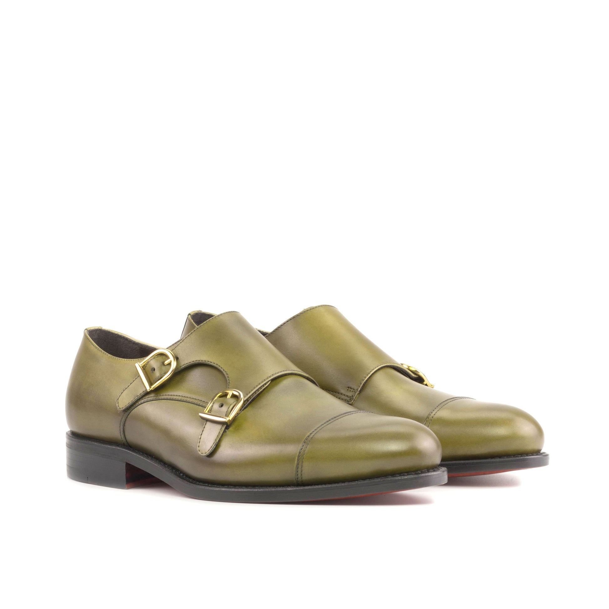 Double Monk Strap in Olive Painted Box Calf, front three-quarter view