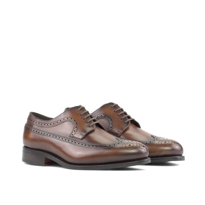 Long Wingtip Derby in Burnished Dark Brown Box Calf, front three-quarter view