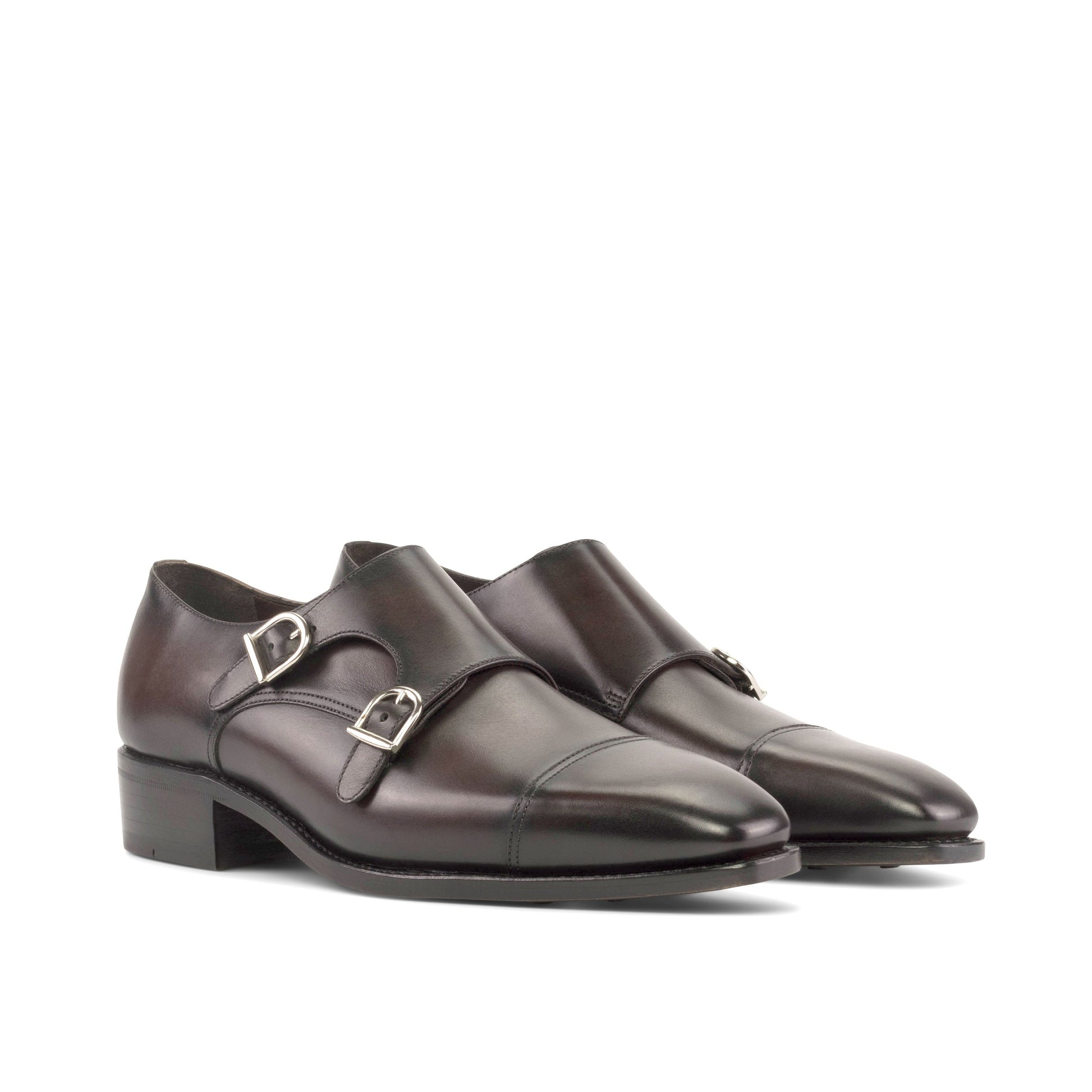 Double Monk Strap in Burnished Dark Brown Box Calf, front three-quarter view
