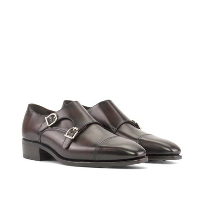 Double Monk Strap in Burnished Dark Brown Box Calf, front three-quarter view