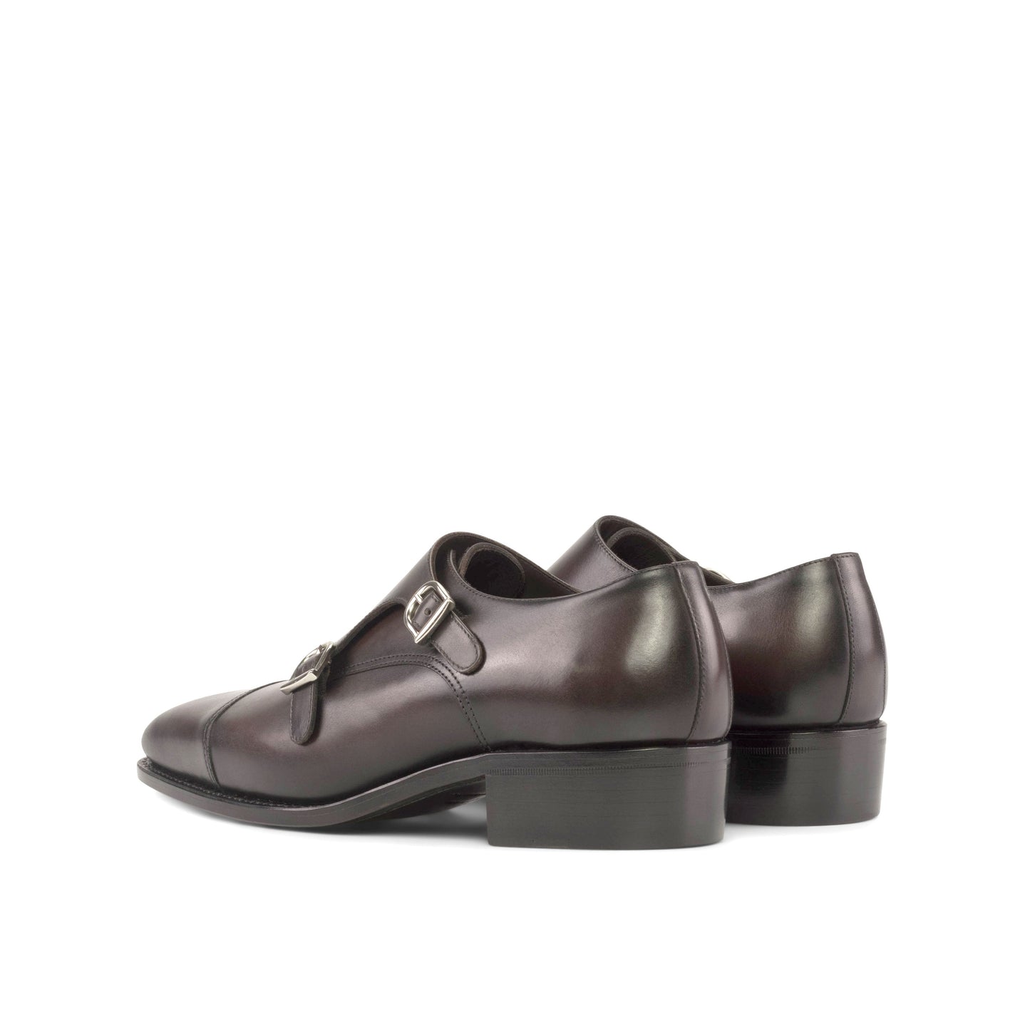 Double Monk Strap in Burnished Dark Brown Box Calf, rear three-quarter view