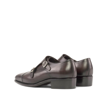 Double Monk Strap in Burnished Dark Brown Box Calf, rear three-quarter view