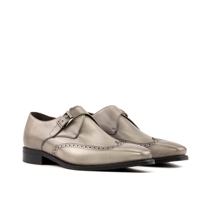 Single Monk Strap in Black Herringbone Fabric and Grey Painted Box Calf, front three-quarter view