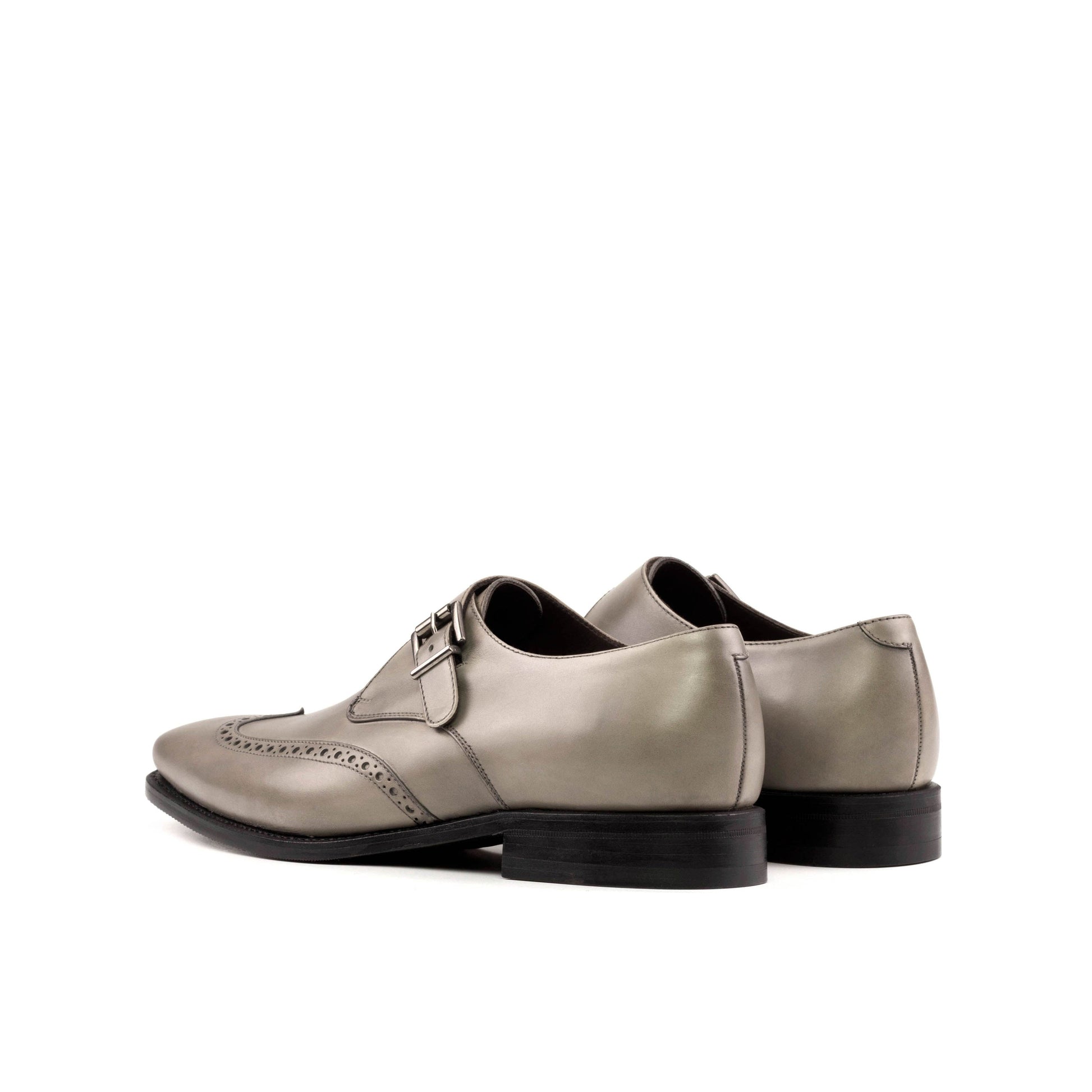 Single Monk Strap in Black Herringbone Fabric and Grey Painted Box Calf, rear three-quarter view