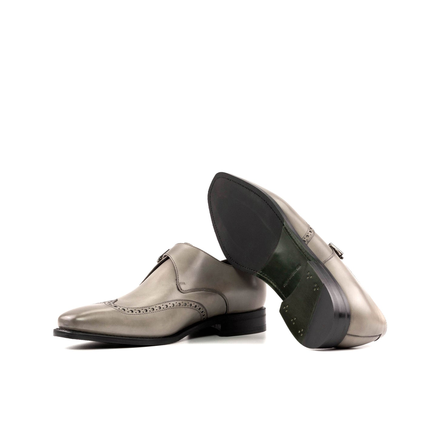 Single Monk Strap in Black Herringbone Fabric and Grey Painted Box Calf showing forest green leather sole