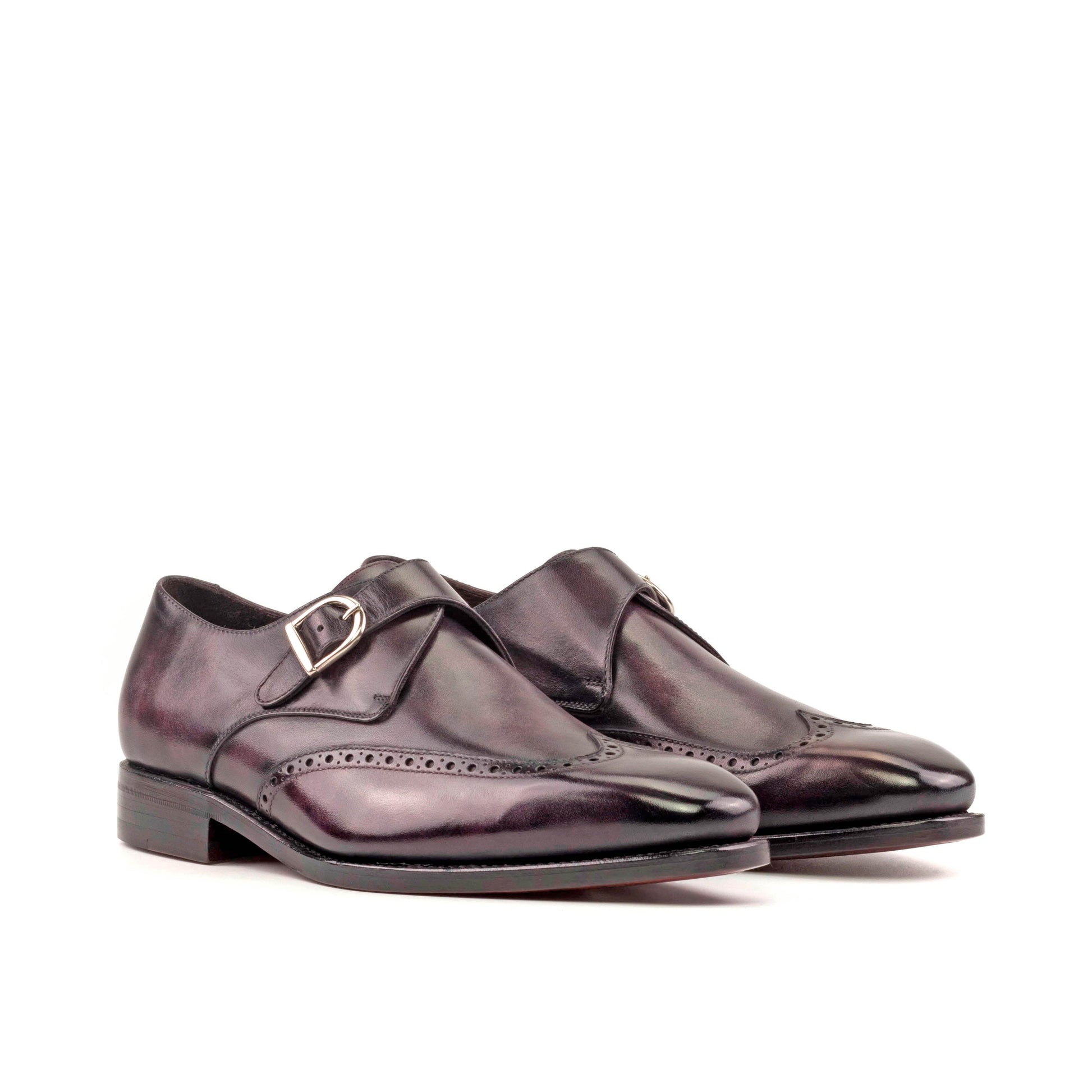 Single Monk Strap in Black Herringbone Fabric and Aubergine Museum Patina Box Calf, front three-quarter view