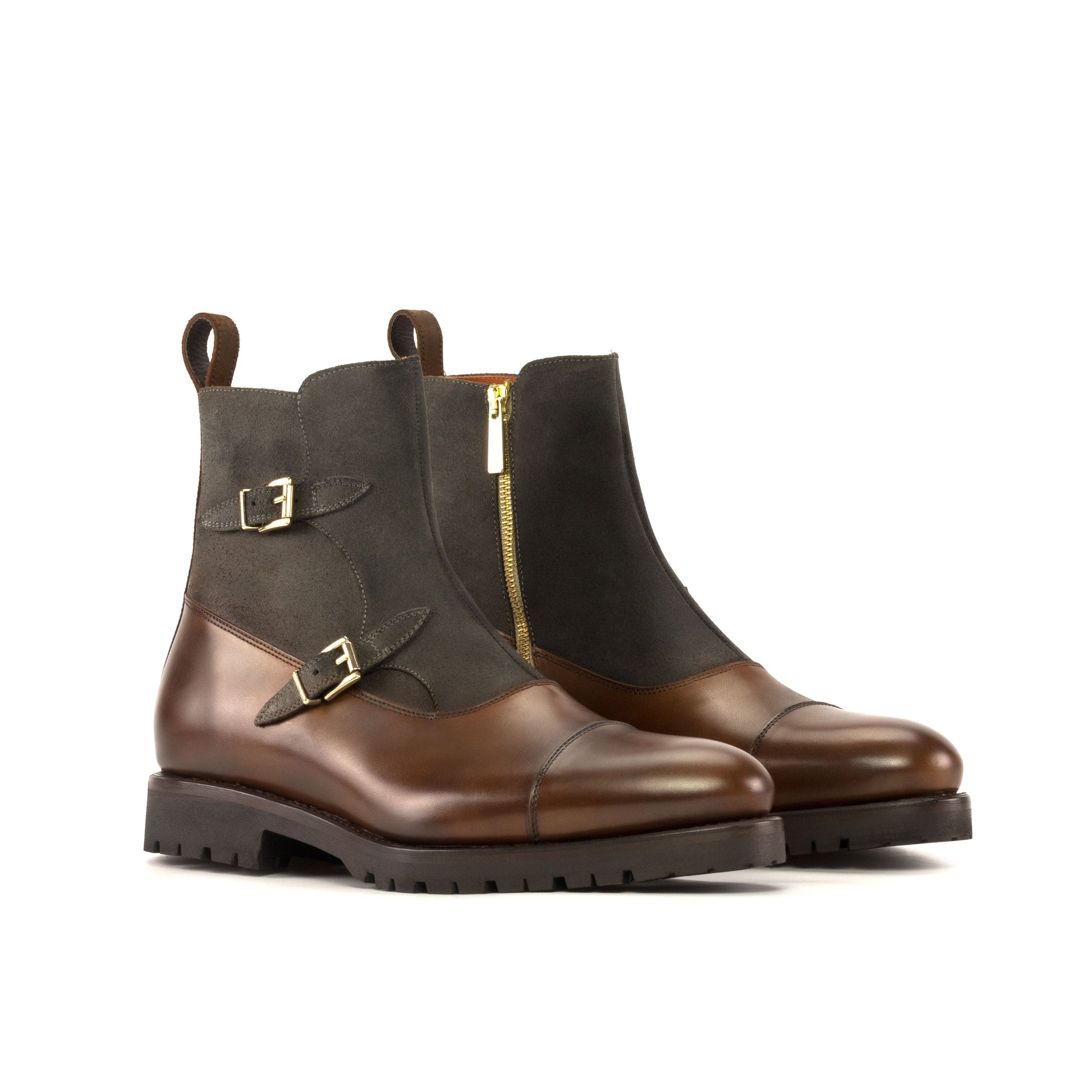 Double Buckle Boot in Grey Waxed Leather and Brown Waxed Leather, front three-quarter view