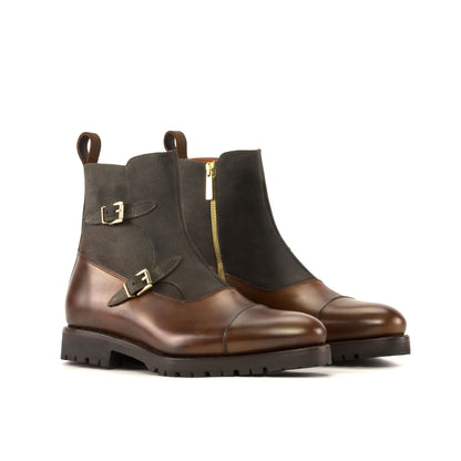 Double Buckle Boot in Grey Waxed Leather and Brown Waxed Leather, front three-quarter view