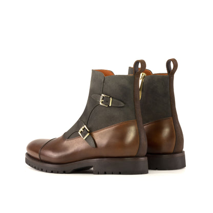 Double Buckle Boot in Grey Waxed Leather and Brown Waxed Leather, rear three-quarter view
