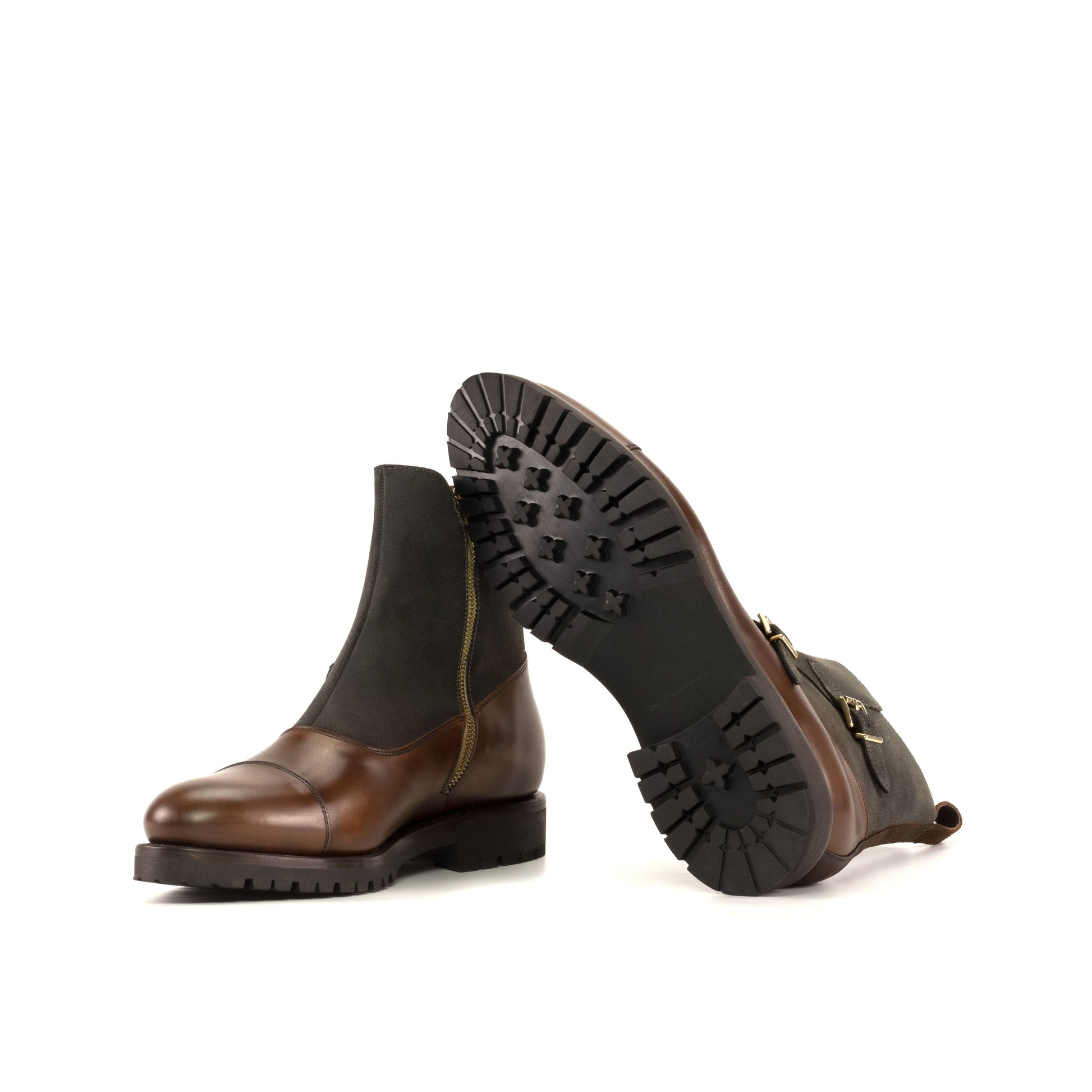 Double Buckle Boot in Grey Waxed Leather and Brown Waxed Leather showing black commando rubber sole