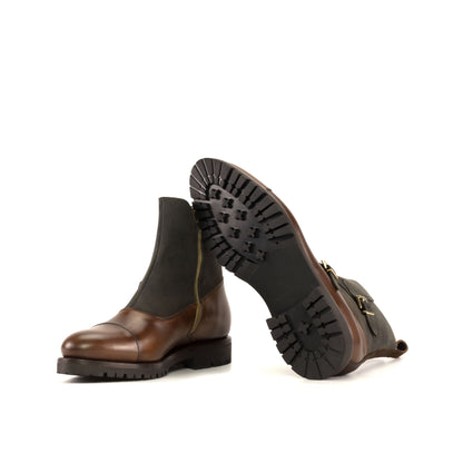 Double Buckle Boot in Grey Waxed Leather and Brown Waxed Leather showing black commando rubber sole