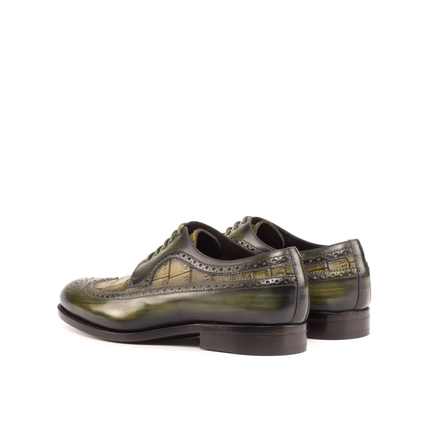 Long Wingtip Derby in Khaki Patina Box Calf and Olive Painted Croco-Embossed Box Calf, rear three-quarter view