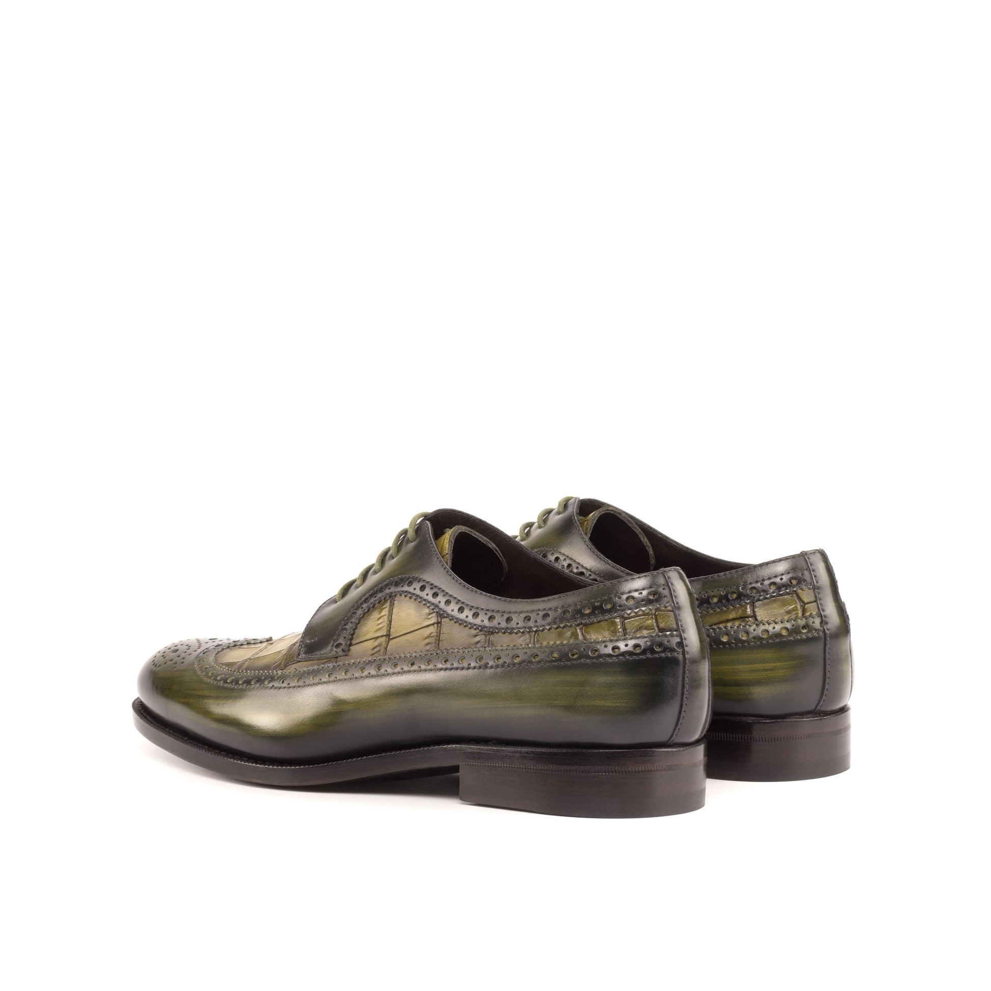Long Wingtip Derby in Khaki Patina Box Calf and Olive Painted Croco-Embossed Box Calf, rear three-quarter view