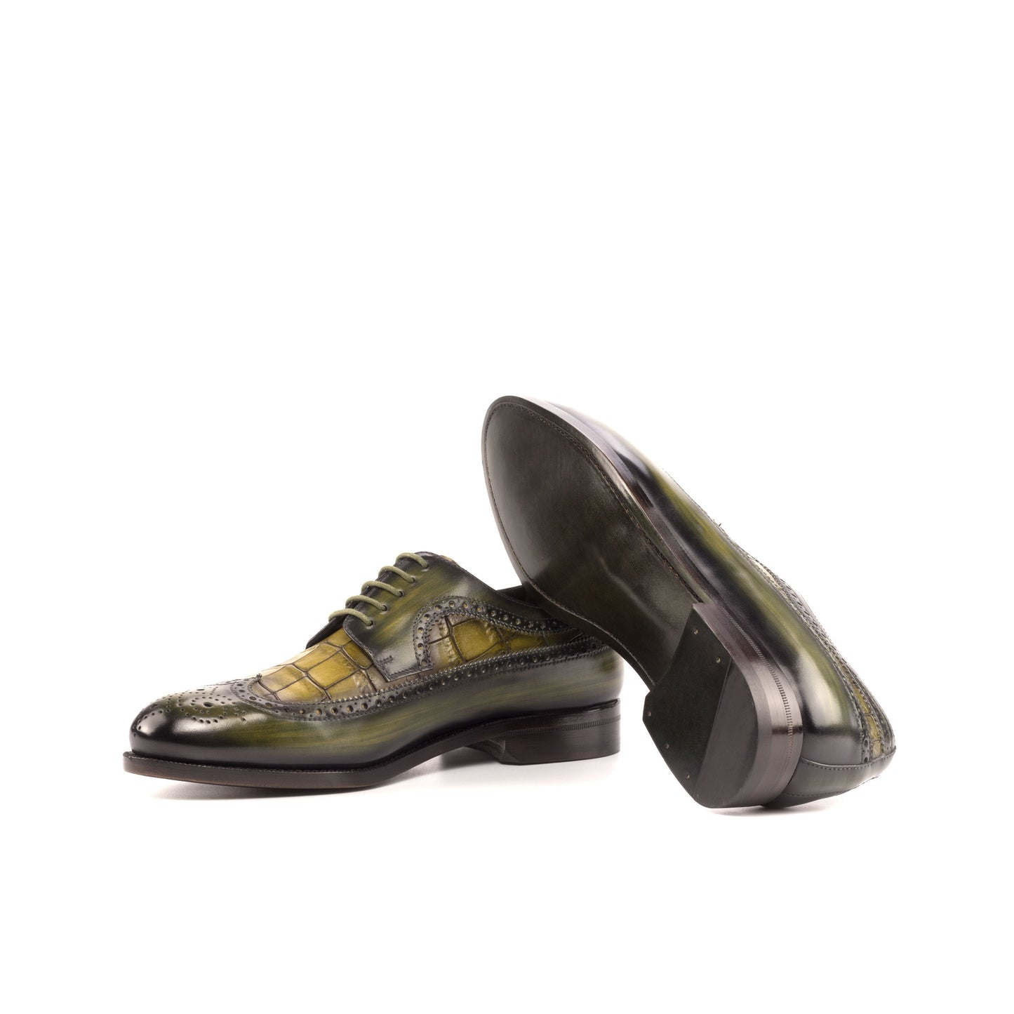 Long Wingtip Derby in Khaki Patina Box Calf and Olive Painted Croco-Embossed Box Calf showing forest green leather sole