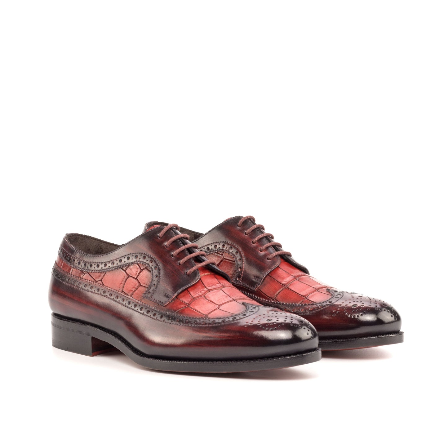 Long Wingtip Derby in Burgundy Patina Box Calf and Red Painted Croco-Embossed Box Calf, front three-quarter view