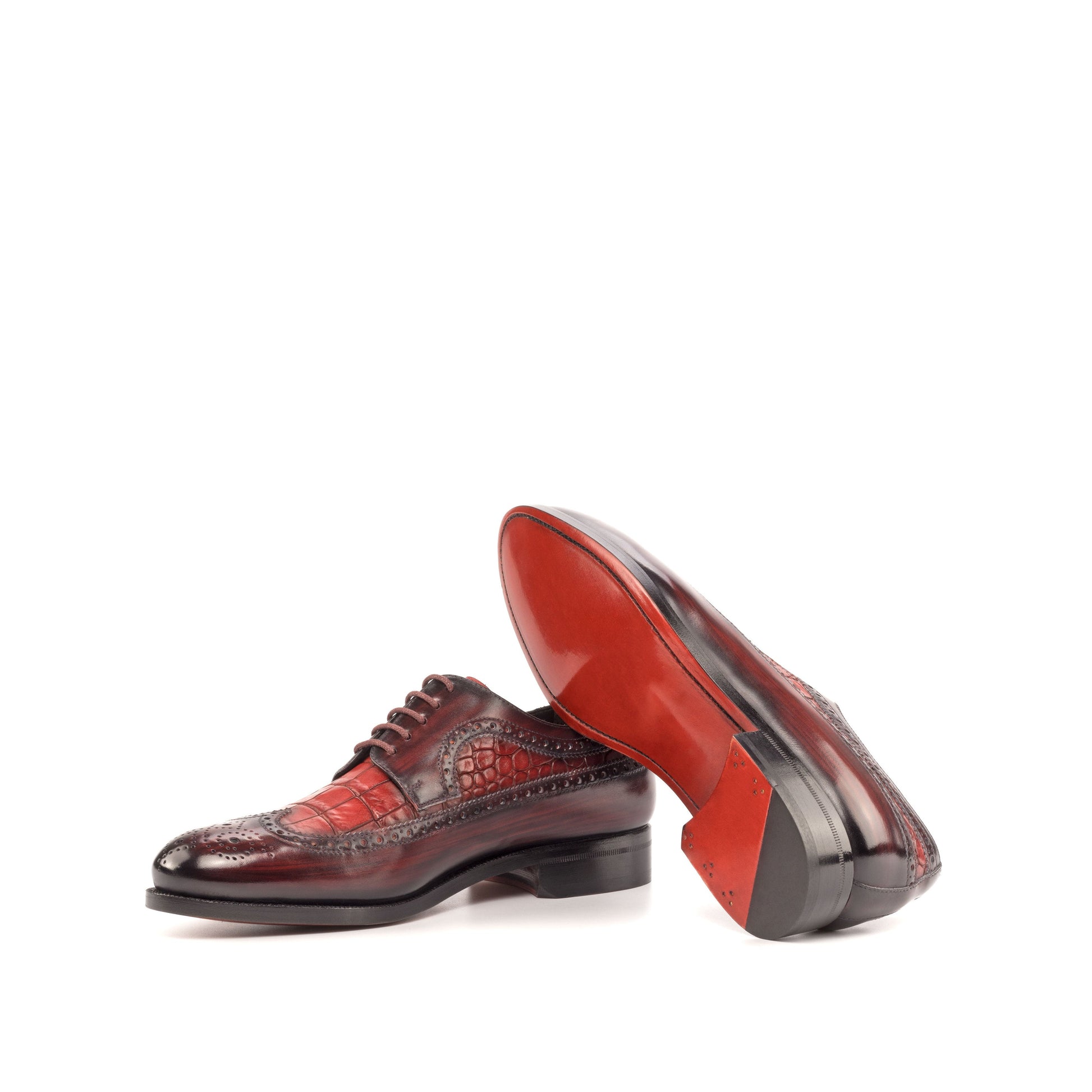 Long Wingtip Derby in Burgundy Patina Box Calf and Red Painted Croco-Embossed Box Calf, rear three-quarter view