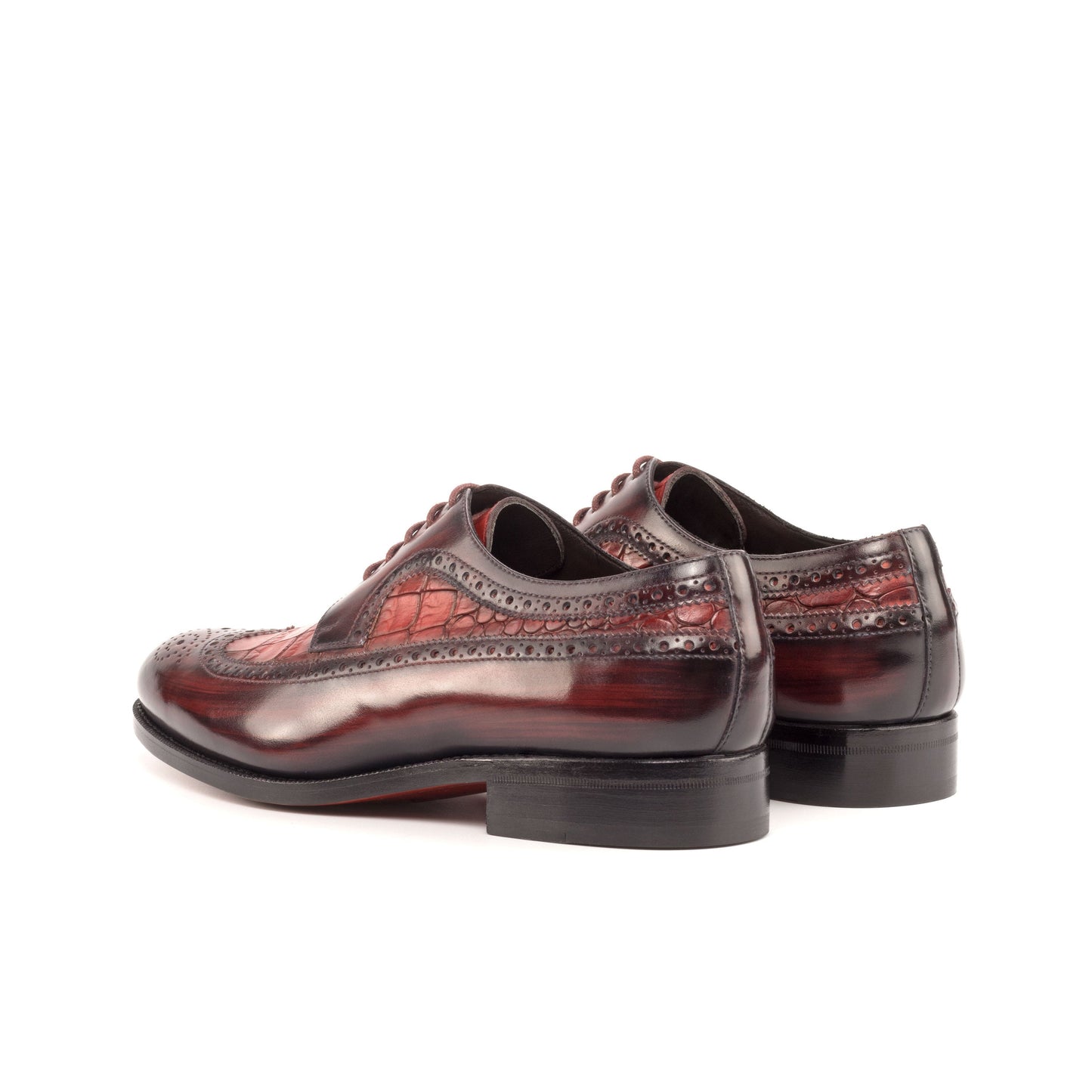 Long Wingtip Derby in Burgundy Patina Box Calf and Red Painted Croco-Embossed Box Calf showing red leather sole