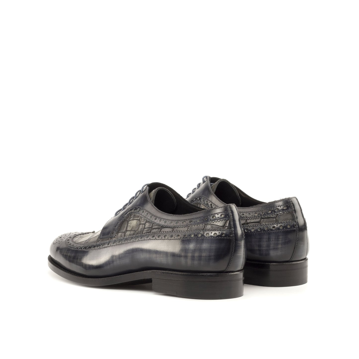 Long Wingtip Derby in Grey Patina Box Calf and Grey Painted Croco-Embossed Box Calf, rear three-quarter view