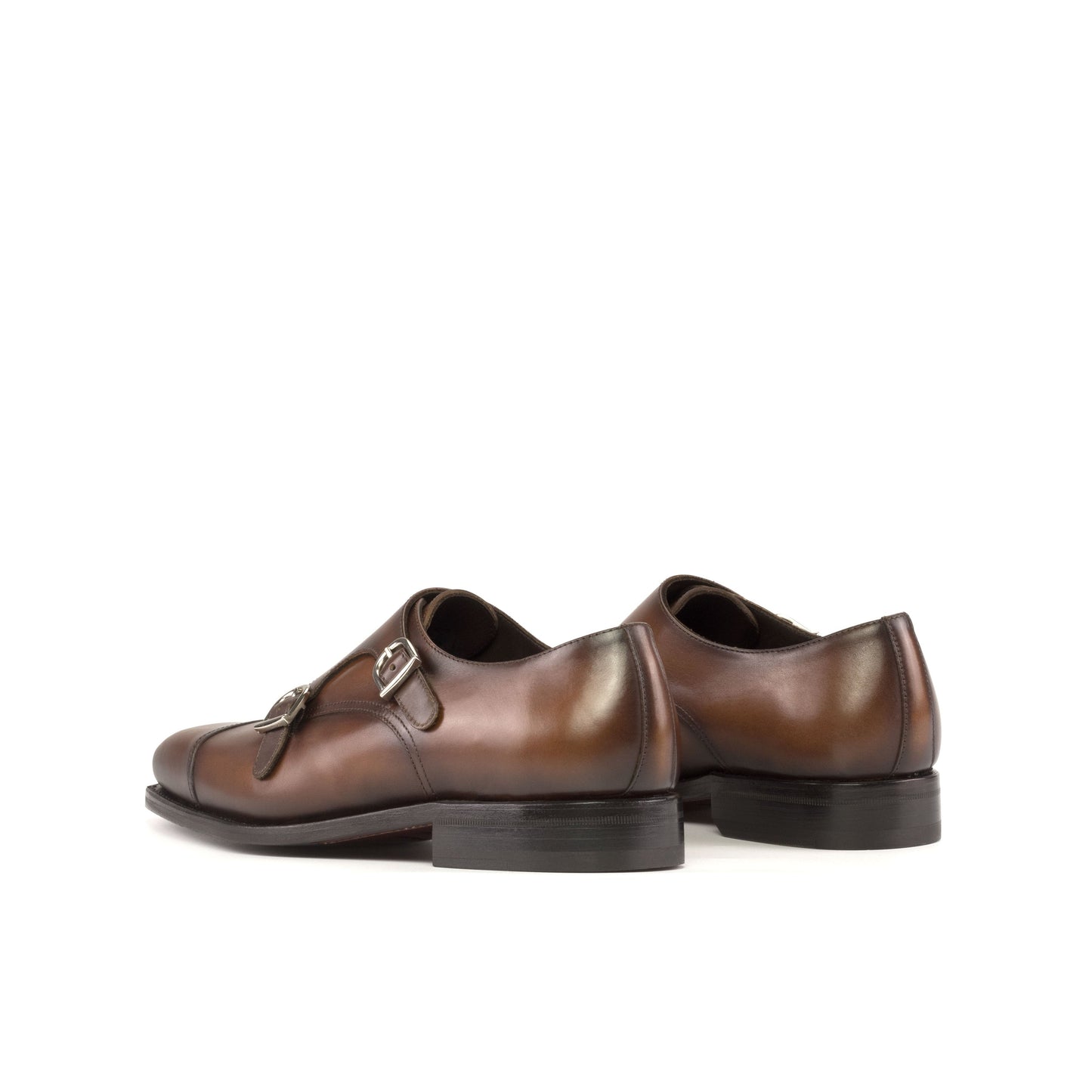 Double Monk Strap in Burnished Burgundy Painted Box Calf and Burnished Burgundy Box Calf, rear three-quarter view