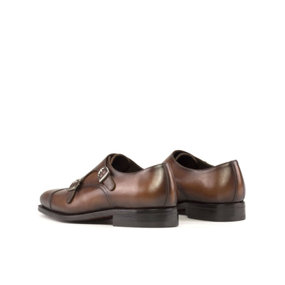 Double Monk Strap in Burnished Burgundy Painted Box Calf and Burnished Burgundy Box Calf, rear three-quarter view