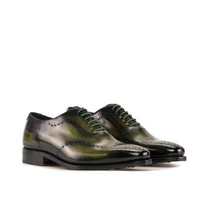 Wholecut Oxford in Khaki Patina Box Calf and Cognac Patina Box Calf, front three-quarter view