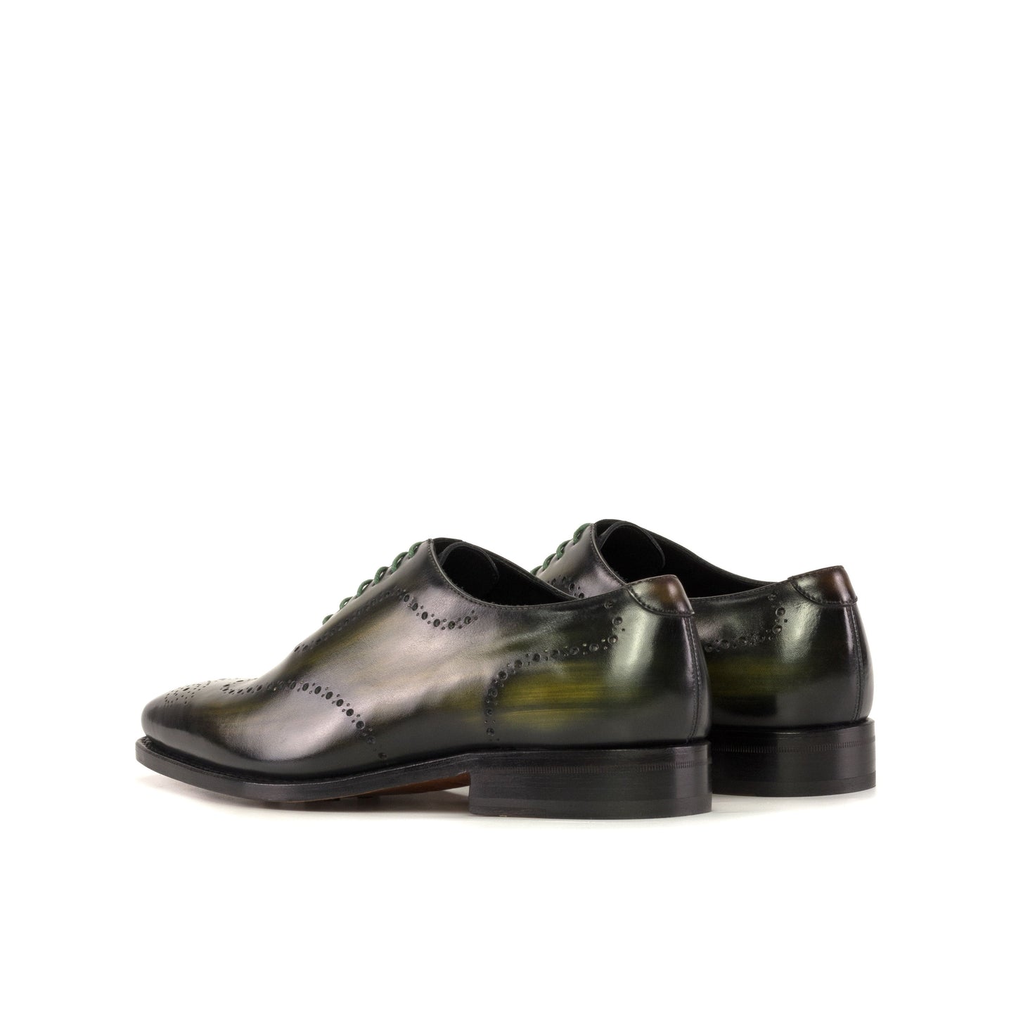 Wholecut Oxford in Khaki Patina Box Calf and Cognac Patina Box Calf, rear three-quarter view