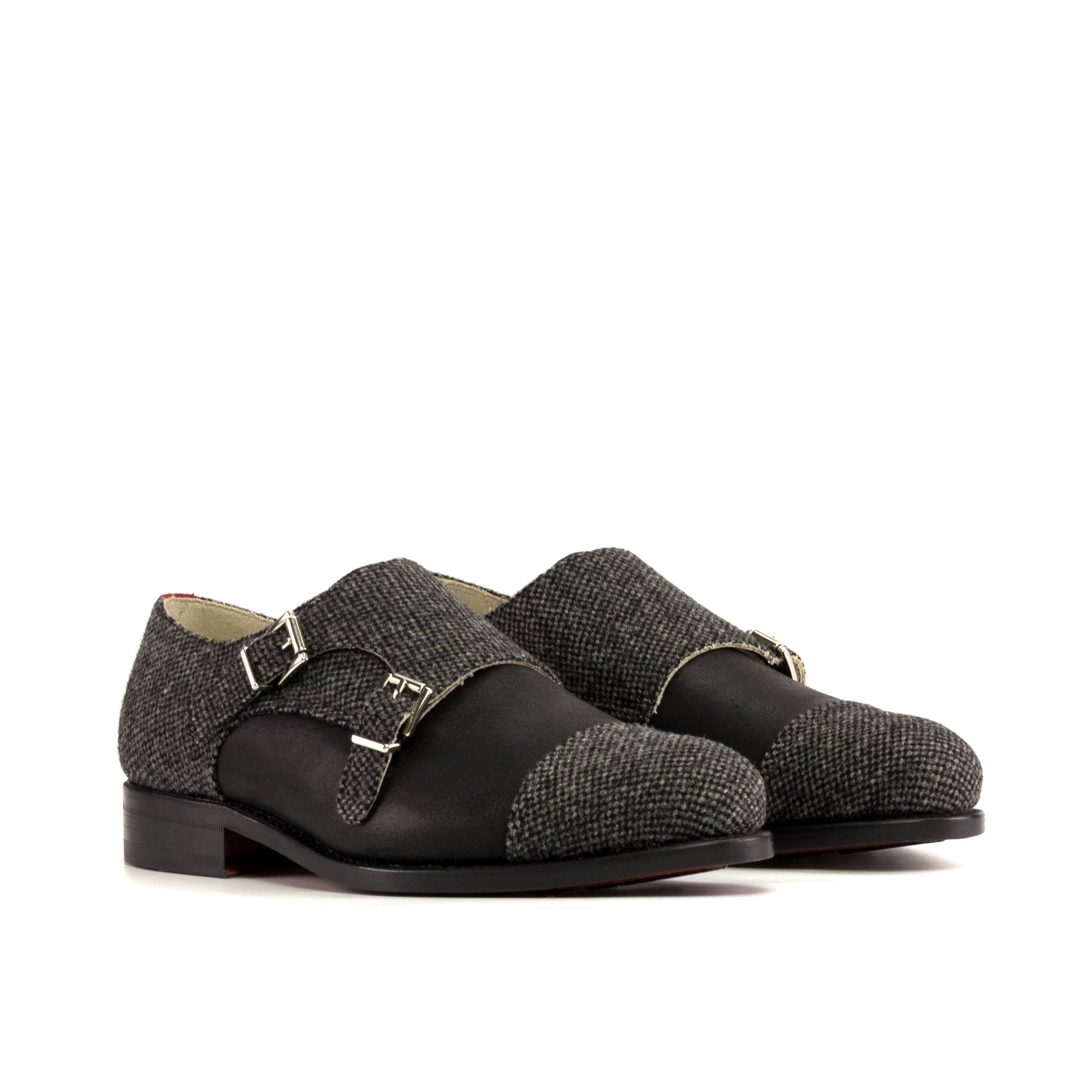 Double Monk Strap in Black Nailhead Fabric and Black Waxed Leather, front three-quarter view