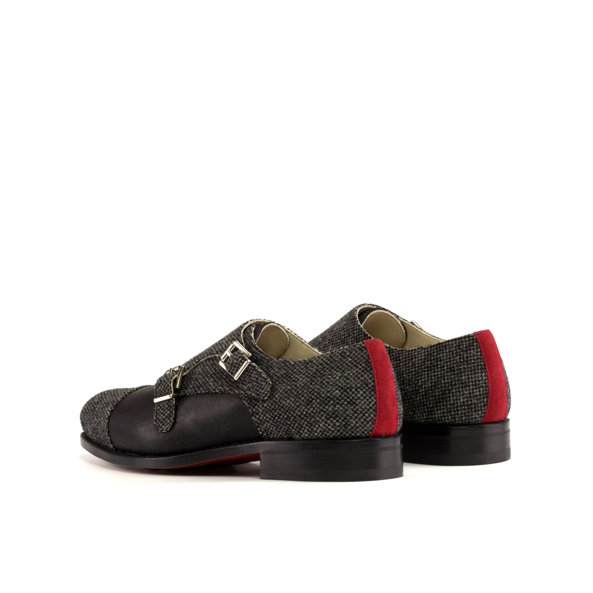 Double Monk Strap in Black Nailhead Fabric and Black Waxed Leather, rear three-quarter view