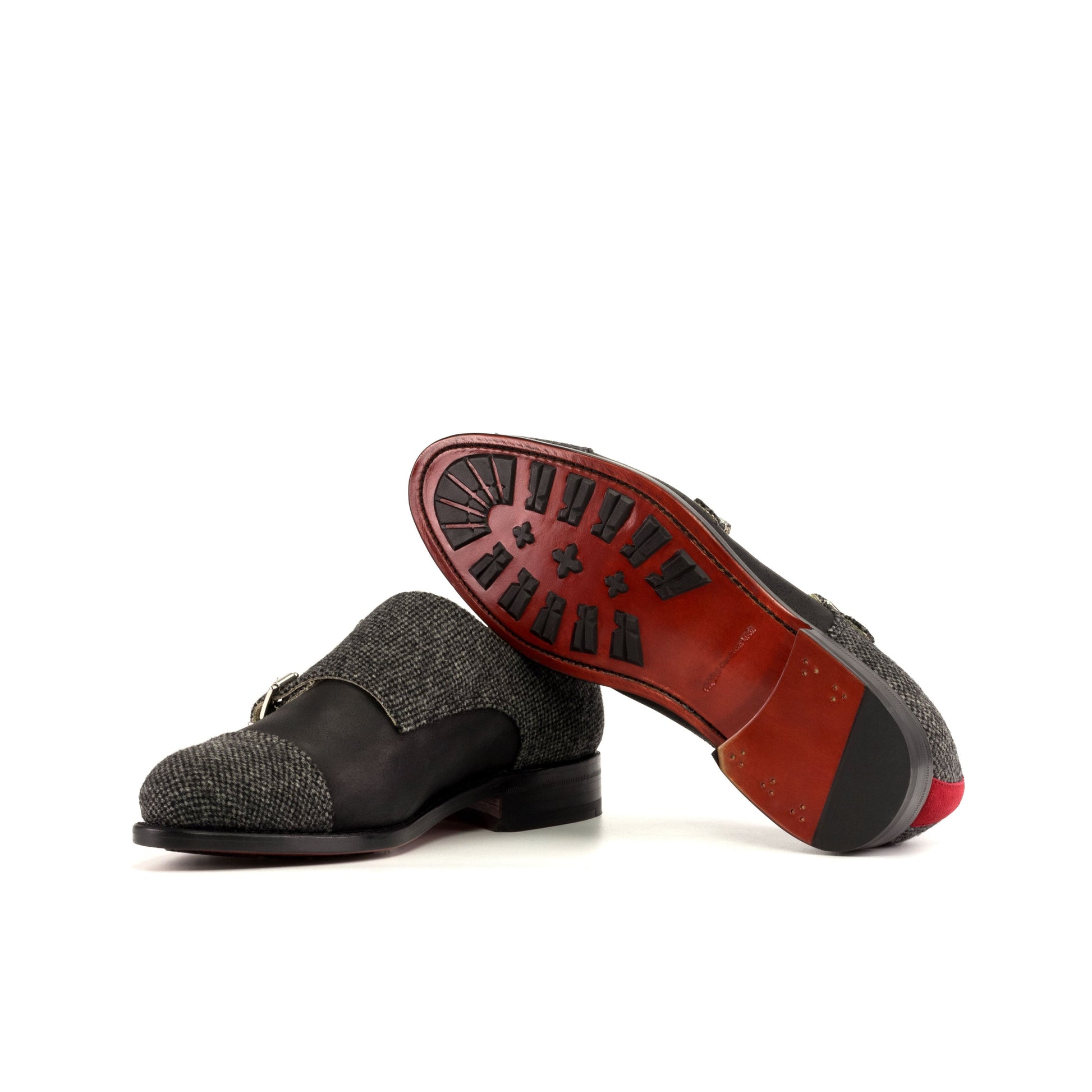 Double Monk Strap in Black Nailhead Fabric and Black Waxed Leather showing red leather sole
