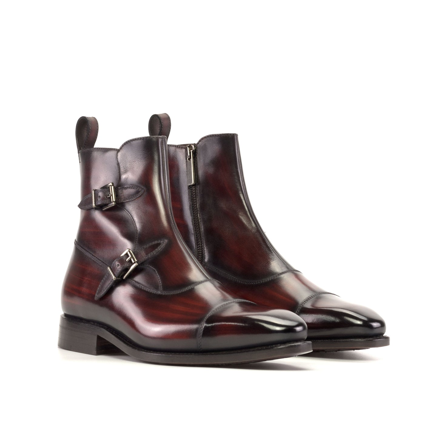 Double Buckle Boot in Burgundy Patina Box Calf, front three-quarter view