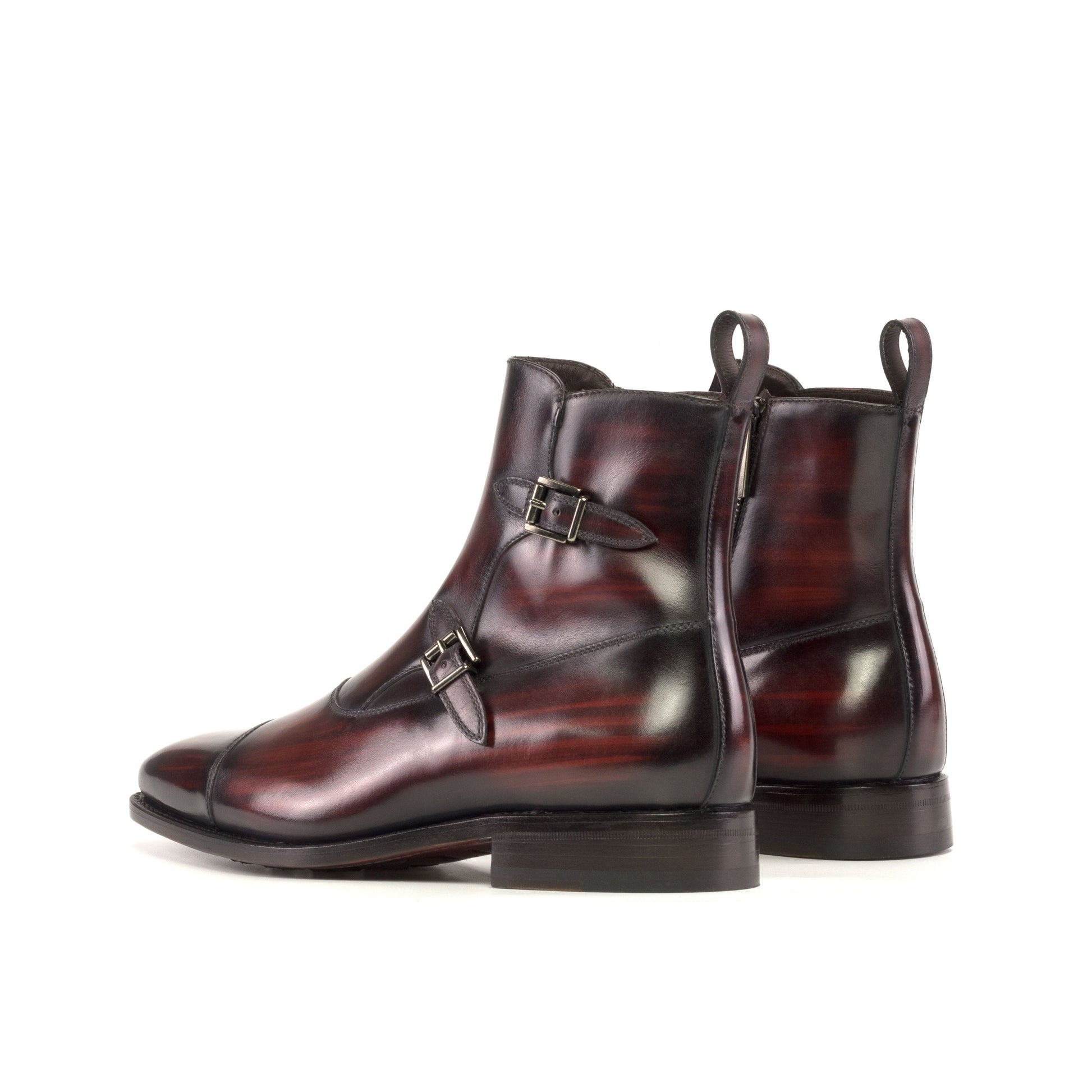 Double Buckle Boot in Burgundy Patina Box Calf, rear three-quarter view
