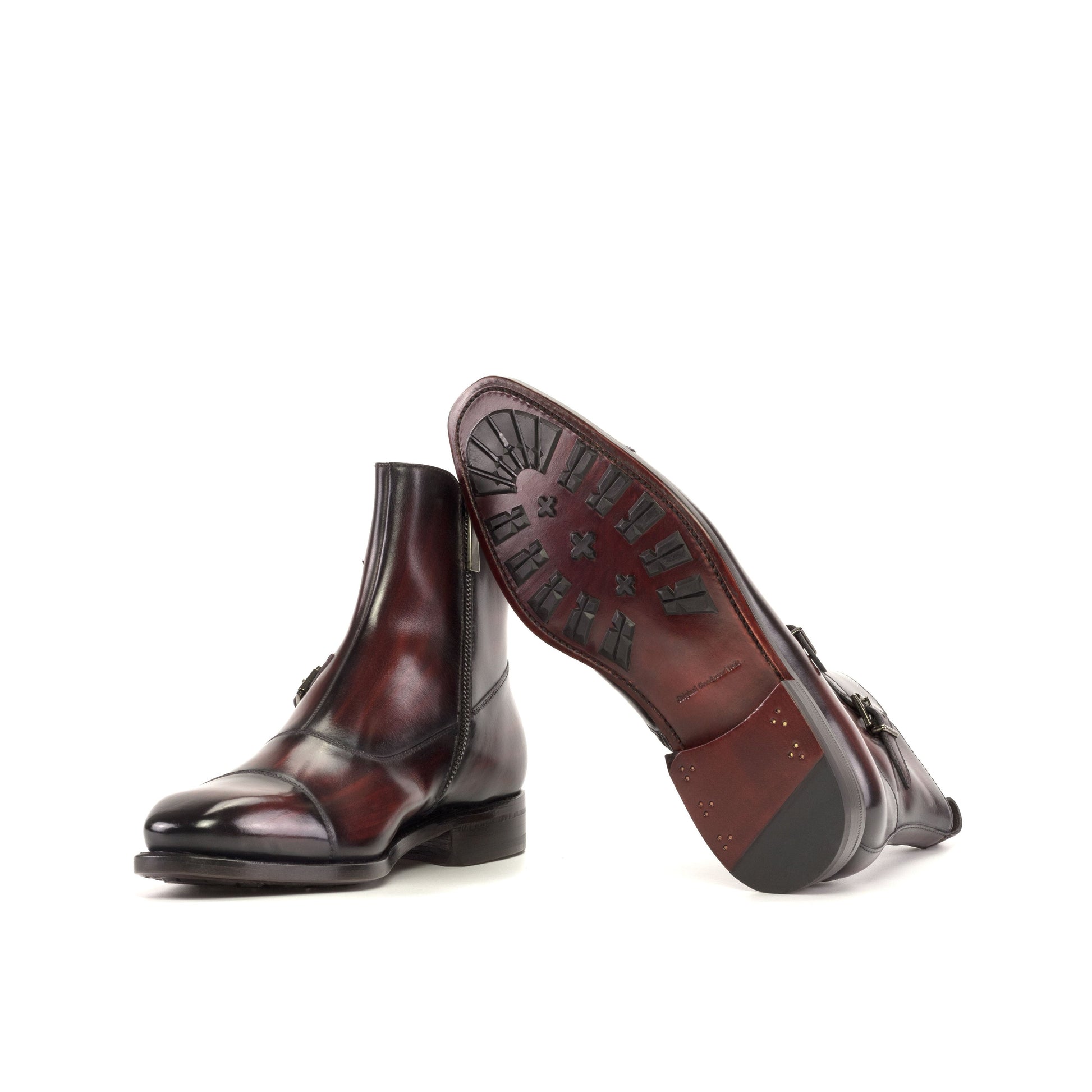 Double Buckle Boot in Burgundy Patina Box Calf showing dark red leather sole with mountain rubber injections