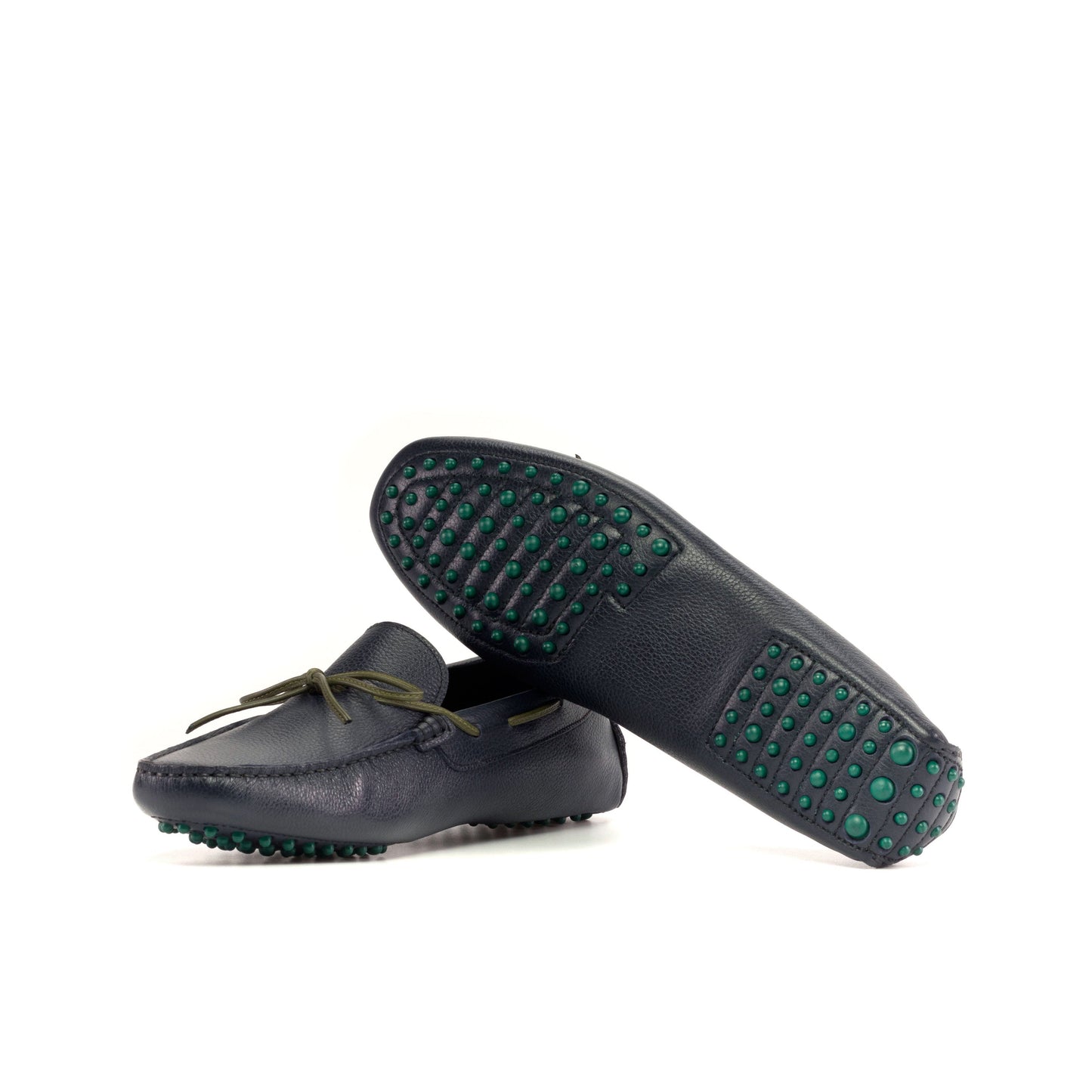 Driver Bow in Navy Full-Grain Box Calf, green rubber pebble sole